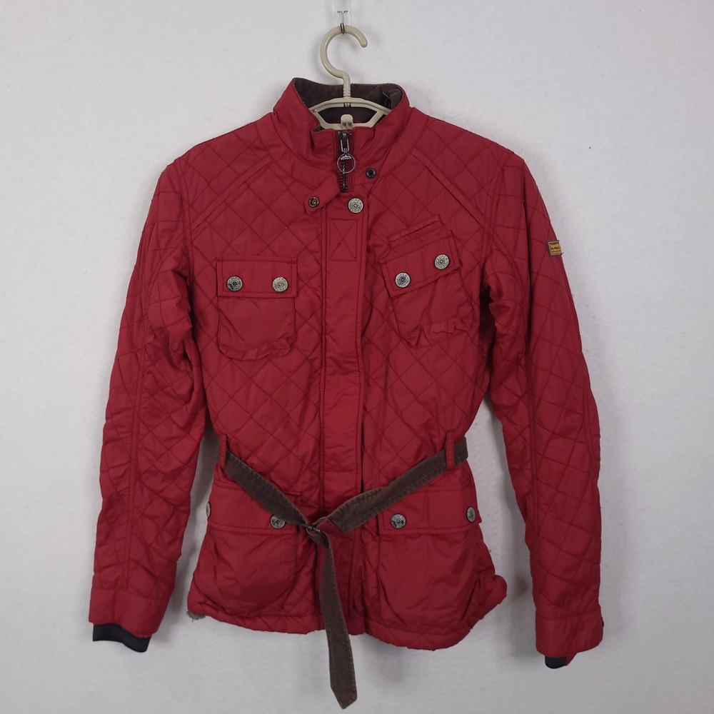 Superdry Motorbike Quilted Jacket Women Medium Red Belted Sherpa Lined Moto Coat